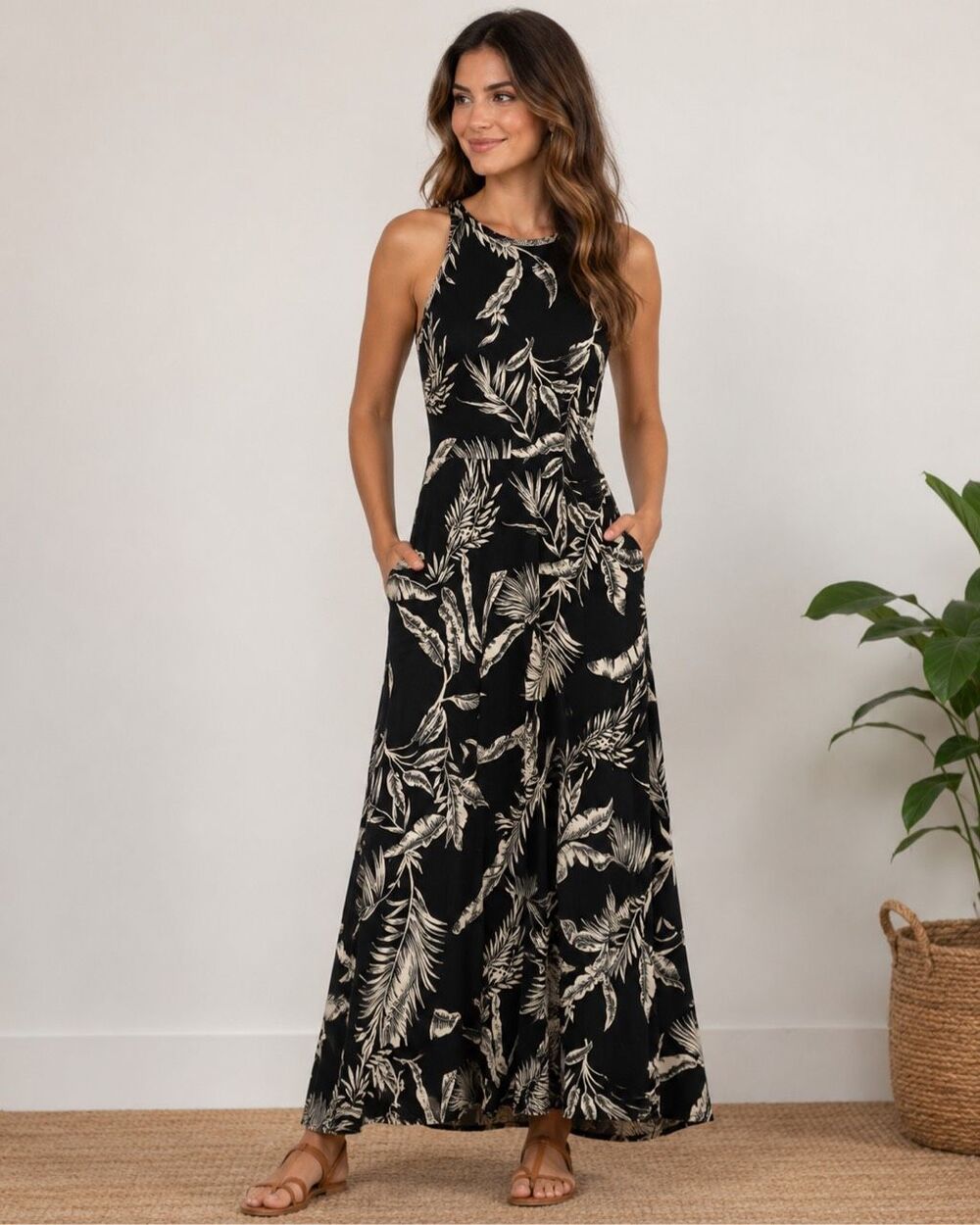 Chaps New Black & White Tropical Leaf Print Sleeveless Maxi Dress Size Small #12